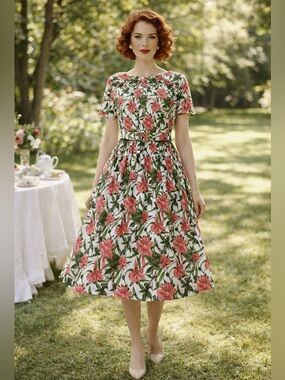 1950s Floral Cotton DressBeltedFull Skirt Mid-Century Garden Party Lady Carol NY